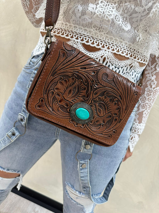 Tas| Leren schoudertas / Clutch met turquoise natuursteen